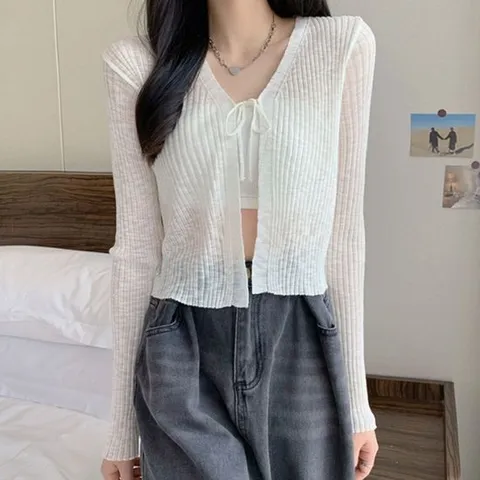 썸머가디건 세미크롭 시스루 골지짜임 리본끈 가디건 여름 코디