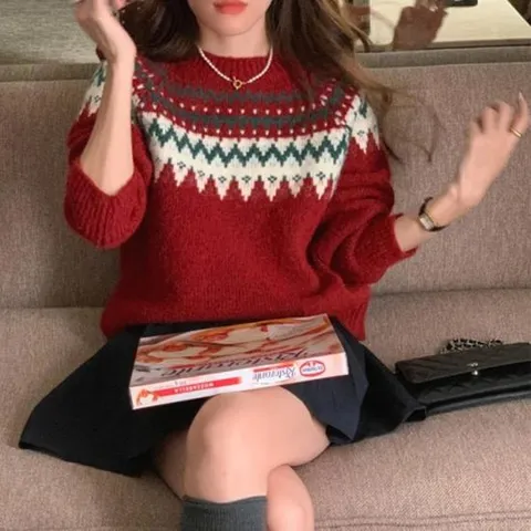 크리스마스 연말룩 노르딕니트 빨간색 긴팔티셔츠