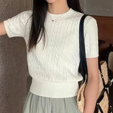 여성 라운드 꽈배기 짜임 여름 반팔 여자 슬림 니트 LK-T022