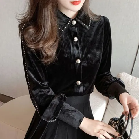 나바바 / NB2397 빈티지 비즈 벨벳 카라 긴팔 셔츠