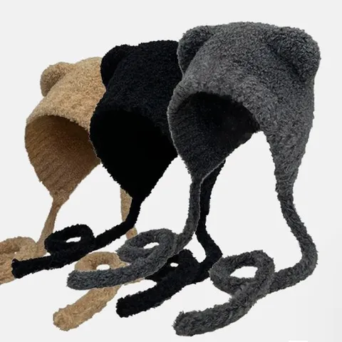 [디작소]겨울 방한 뽀글이 니트 곰돌이 후드 끈모자