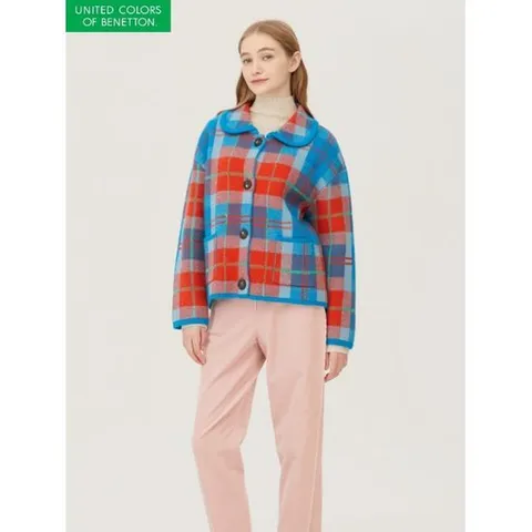 [베네통]체크 자카드 니트 가디건_BAKC56361