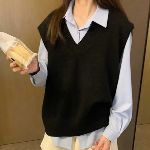 여성여름베스트 심플 오버핏 브이넥 니트베스트 셔츠 레이어드 출근룩