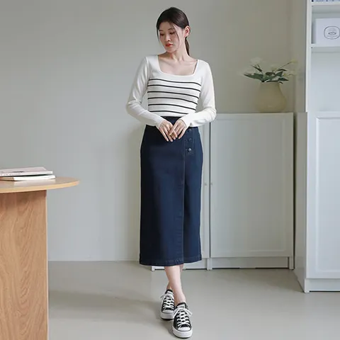 [르포엠]레시타 사이드 버튼 데님 스커트