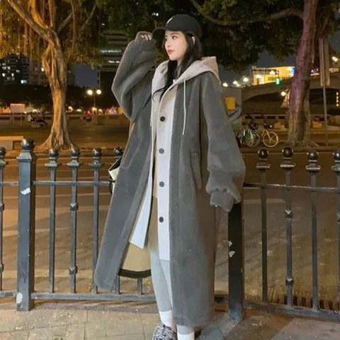 양털롱코트 겨울 아우터 뽀글이 일체형 후드코트 롱코트 양털코트