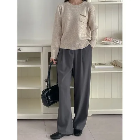 [샵앤]국산 여성 라운드넥 앞포켓 베이직 니트 티셔츠 21DS-WKN-4072-연보라