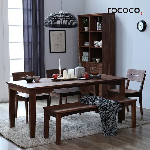 로코코 보나우스 월넛원목 6인 식탁세트(원목의자3, 3인벤치1)
