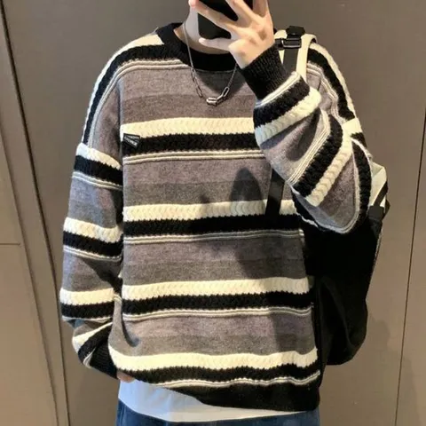 남자반팔런닝 남성 니트 배색 라운드넥 오버핏 긴팔티셔츠 남친룩