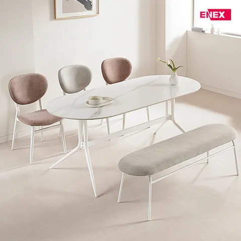 에그몽 타원형 세라믹 6인 벤치식탁세트 (일반의자 3개 벤치의자