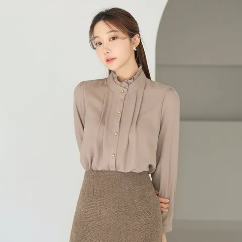 [오브리에] 솔리에 프릴넥 핀턱 블라우스