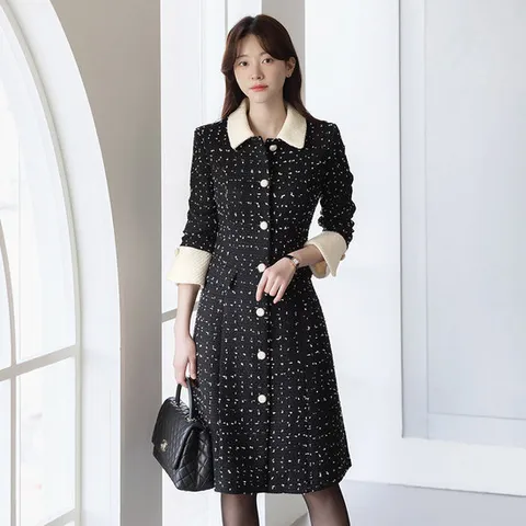 [시크라인] 리에이 배색 와이드 커프스 트위드 원피스