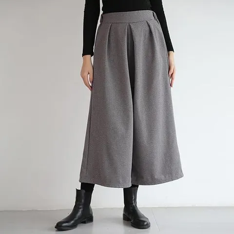 CWBP8127 여성 뒷밴딩 와이드 팬츠 핀턱 모직 9부 통치마바지