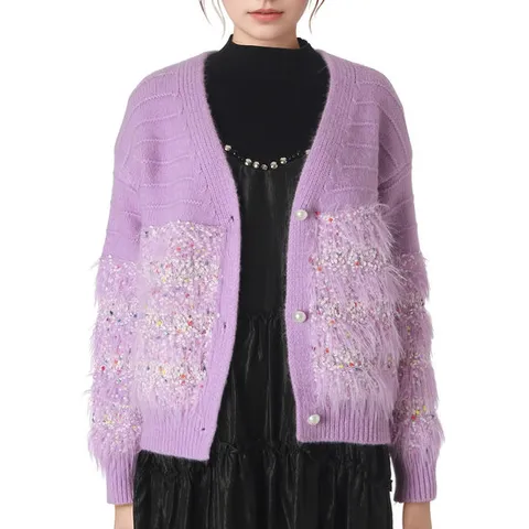 [ 롯데백화점 ][르니앤맥코이(여성)]퍼플 꽃송이 진주퍼 가디건 MM01CD701FJY