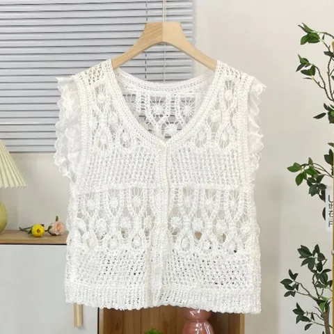 여성 크로셰 베스트 여름 뜨개 조끼 가디건 화이트