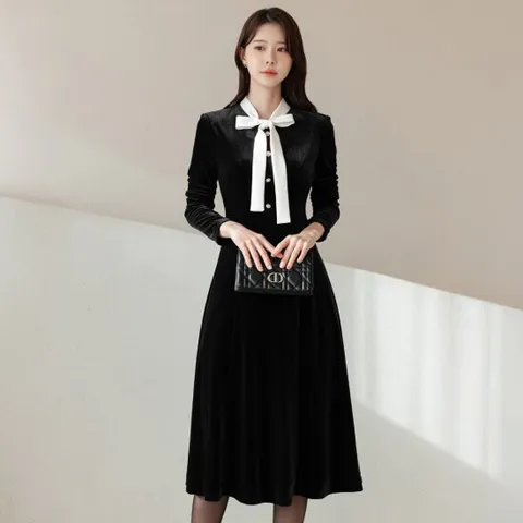 [시크라인] 모아덴 벨벳 배색 타이 넥 원피스