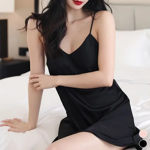 여성실크잠옷 여성 끈나시 원피스 잠옷 민소매 슬립 홈웨어 실크파자마