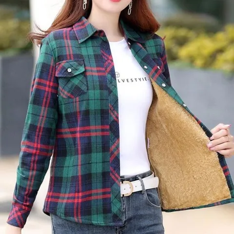 겨울 융털 여성티셔츠 슬림핏 여자 방한 기모체크남방