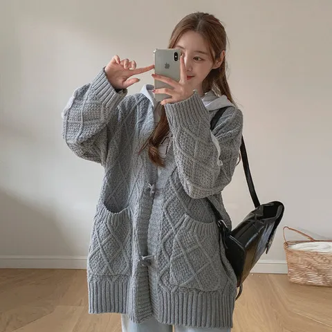 여성 패치 후드 니트 떡볶이 하프 가디건 -VC0063G- 미시