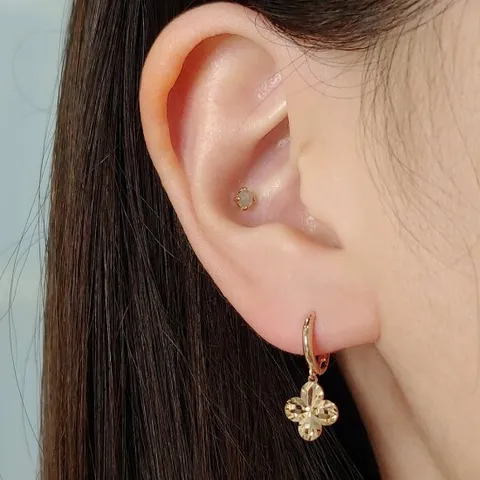 14K 컷 샤인 클로버 딸랑이 원터치 귀걸이