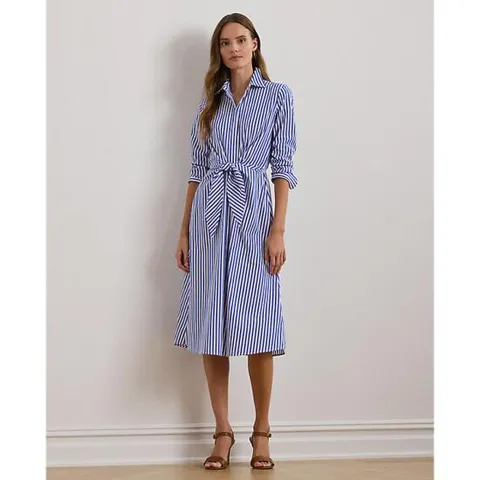로렌 랄프 로렌 스트라이프 타이 프런트 브로드클로스 셔츠드레스(WMLDDRSSCM20103400)