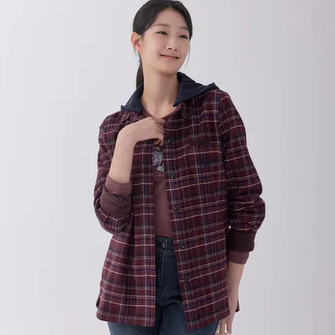 [지센] [24FW] 여성 체크 탈착후드 아우터형 셔츠 LCWSOA21_WN