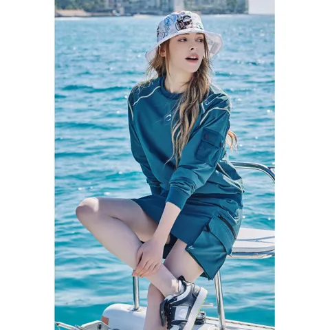 하바나 프린트 나일론스판 맨투맨형 여성 골프바람막이 블루그린