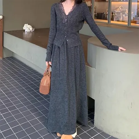 [아리엘스타일]레이스가디건+롱스커트 니트셋업 쉐일드투피스