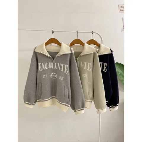 허니제이 / 라니오 영문 배색 하이넥 카라 소프트 니트 집업(3color)