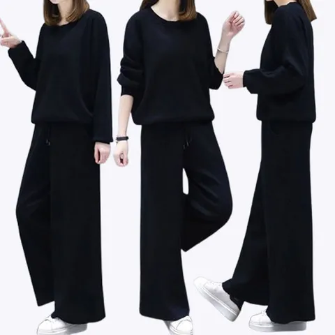 [로즈엘리]더블랙 여성 간절기 투피스 긴팔 와이드팬츠 상하세트