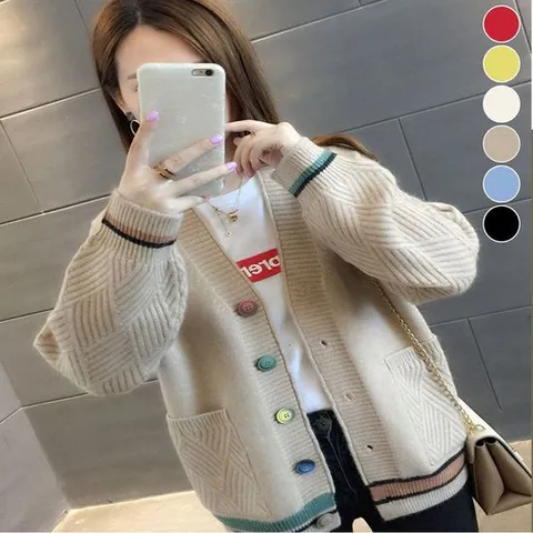 여자 v넥 루즈핏 가디건 데일리 드롭숄더 벌룬소매