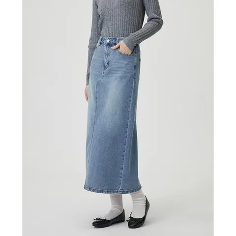 [ 롯데백화점 ]플라스틱아일랜드  (PR7DS201)  BEIGE 뒷트임 데님 롱 스커트