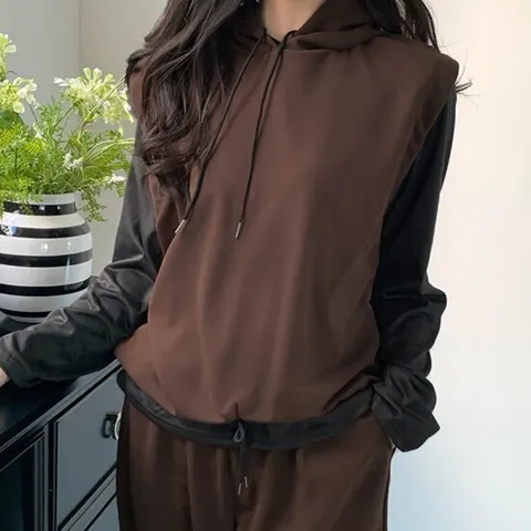 [3종SET] 여성 후드조끼+긴팔티+긴바지 쓰리피스 세트