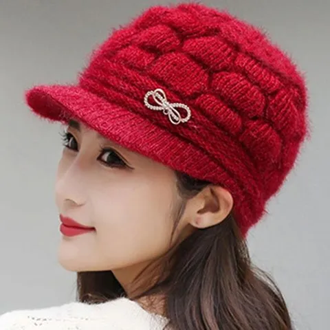 중장년 마름모 패턴 예쁜 리본 장식 융털 겨울 모자