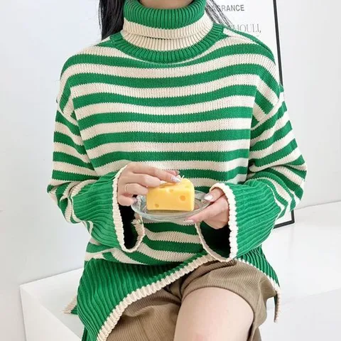 가로 줄무늬 여성 목폴라티 초록색 목티 루즈핏