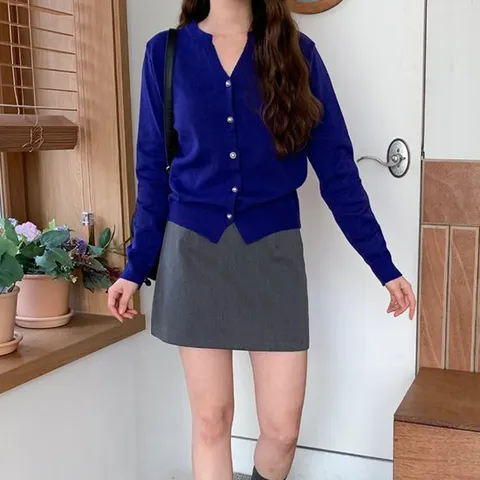 브이넥가디건 여자 클래식 슬림핏 봄니트 코발트블루