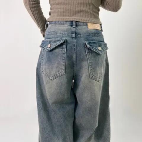 (S~L)UNISEX 포켓 와이드 데미지 롱 벌룬 데님 팬츠 카리나바지 아이돌바지 빈티지 워싱 빅사이즈 청바지 댄스바지