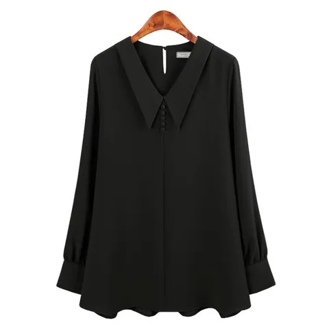 [허밍퍼플] 여성용 4972-그란데 블라우스 빅사이즈 찰랑한 셔링 주름 콩단추 카라 블랙 큰언니 여성의류