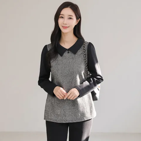 겨울 카라 헤링본 빅사이즈 스판 티 블라우스 미시 중년 엄마옷