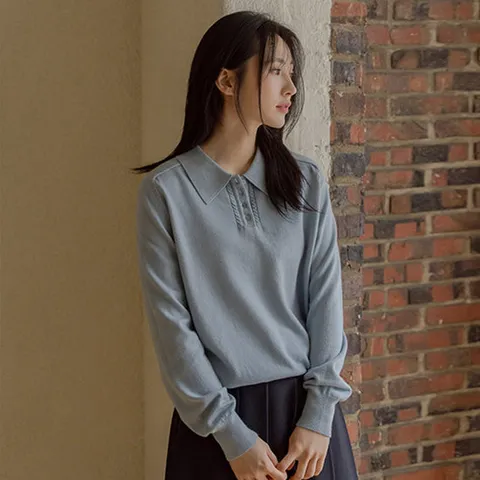 [저스트원] 보들한 비스코스 반오픈 카라니트