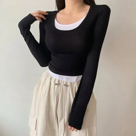 크롭긴팔티 라운드넥 이중 레이어드 스판티셔츠