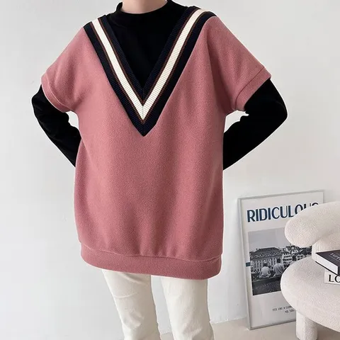 [옷자락]여자 반팔니트 모크넥 V넥 코디 티셔츠 세트