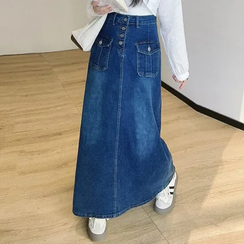 [어썸] 엘무느 하이웨스트 포켓데님 롱 스커트_264306