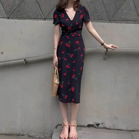 미디 원피스 체리 블랙 직장인 데일리 데이트 코디