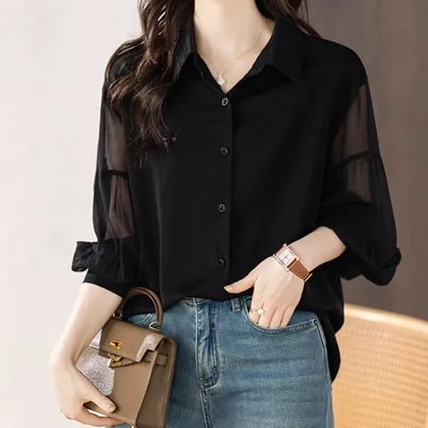 [블랙퀸] 가렌 루즈핏 소매시스루 블랙 쉬폰 블라우스 blk003034