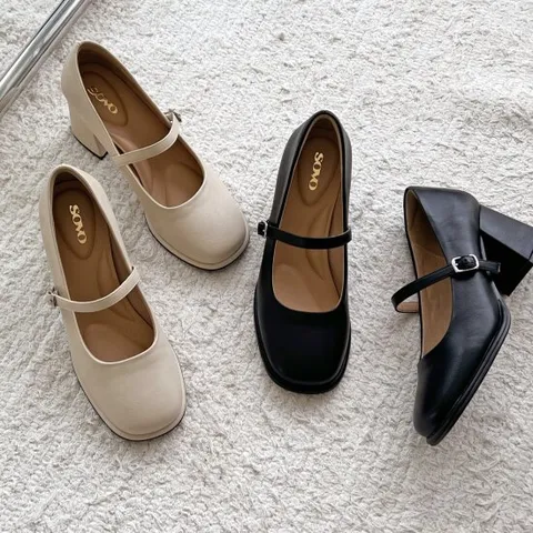 [SOVO] 발편한 소가죽 여성 미들힐 메리제인 펌프스 여성구두 6cm