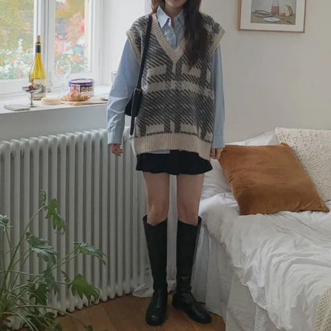 [유니제이] 헤야 체크 패턴 와이드 핏 조끼