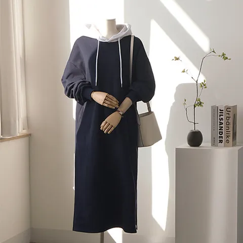 [유니제이] 하링 오버핏 배색 후드 롱 원피스