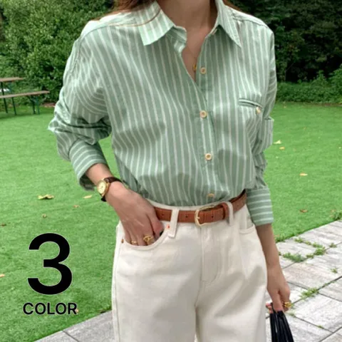 보니제이 / 여성 스트라이프 오버핏 셔츠 와이셔츠/ 3컬러