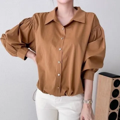 벌룬블라우스 긴팔 밑단스트링 아노락 바스락셔츠