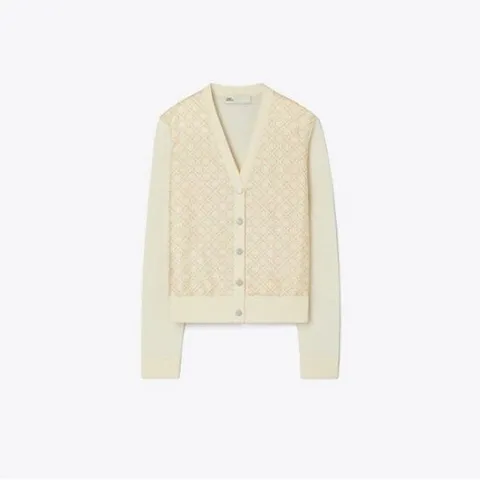 [시즌오프50%][토리버치 공식] 크롭 실크 프론트 가디건 - 프렌치 크림 / 골드 티 모노그램